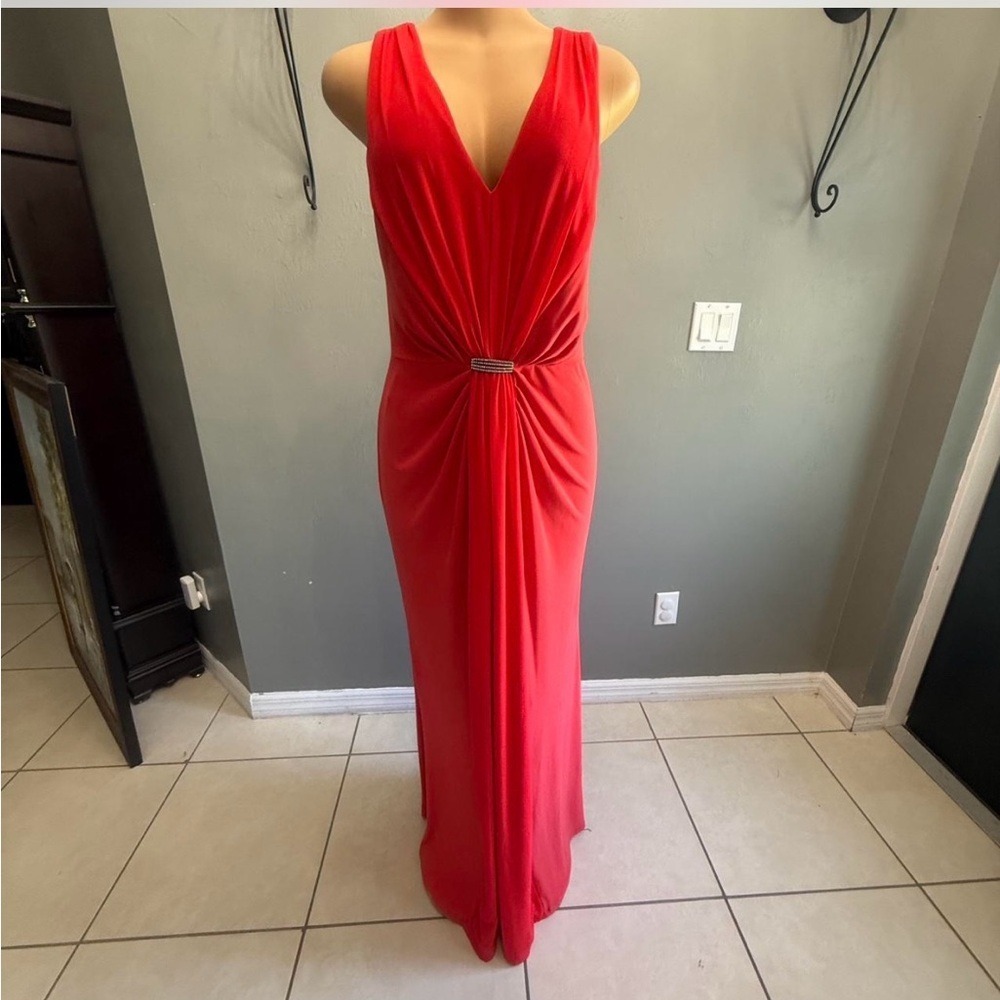 Lauren Ralph Lauren Red V-Neck Evening Gown with Waist Detail